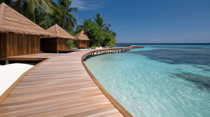 Obraz premium Curved wooden boardwalk connecting villas with turquoise water and palm trees creates serene