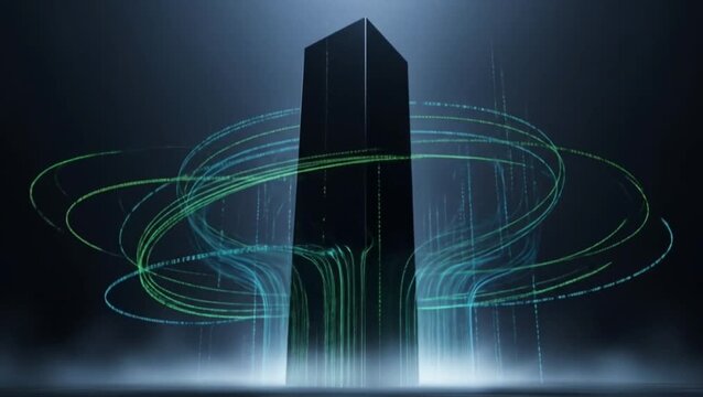 Black futuristic monolith with swirling neon green data lines in sci-fi digital mist environment
