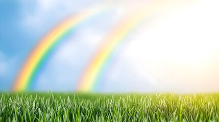 Naklejka premium A vivid sunset accompanied by a double rainbow above a verdant meadow