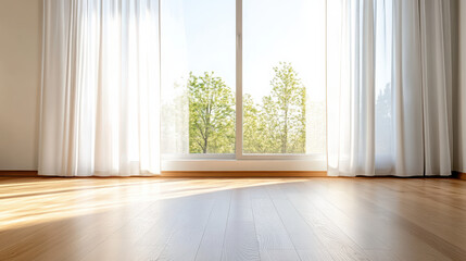 Fototapeta premium Bright sunlight streaming through sheer curtains illuminates wooden floor, creating warm