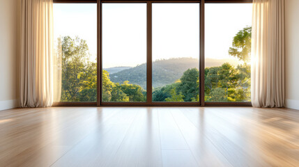 Bright sunlight streaming through large windows illuminates spacious room with wooden flooring