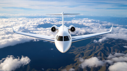 Aerial view of private jet soaring above clouds, showcasing luxury and freedom