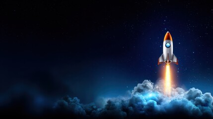 A stunning depiction of a rocket soaring through the night sky, leaving behind a trail of flames and smoke, symbolizing adventure and exploration beyond Earth.