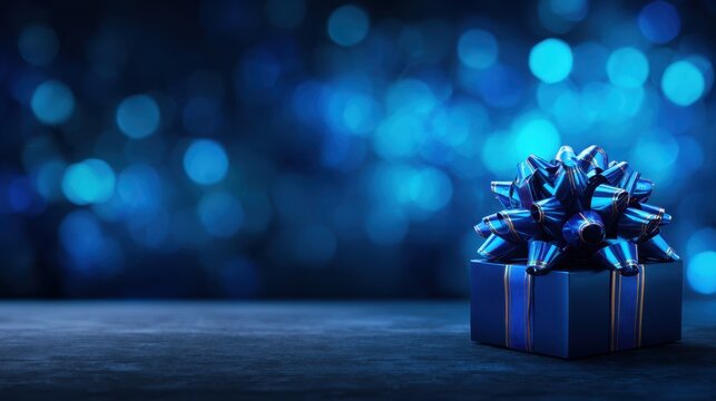 A beautifully wrapped blue gift box adorned with a shiny bow, set against a dreamy blue bokeh background, perfect for celebrations and special occasions. - Powered by Adobe