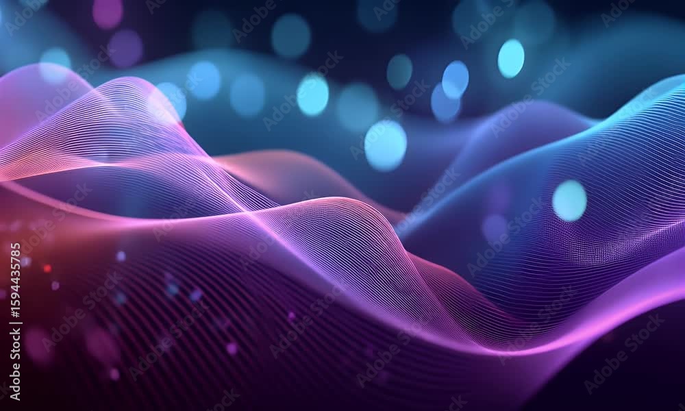 Sticker abstract digital technology background with colorful glowing lines and mesh network grid on a dark b