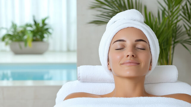 Relaxing spa treatment with guest wrapped in white towels enjoying facial
