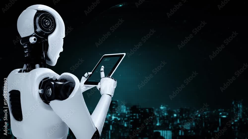 Poster futuristic robot artificial intelligence huminoid ai transportation analytic technology development 