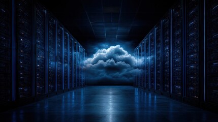 Explore a surreal digital landscape where sleek servers align, illuminated by ethereal blue light, leading to a mythical cloud formation that blurs the line between technology and imagination.