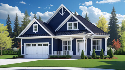 A serene new country estate with a blue roof, nestled amidst green grass and mature trees