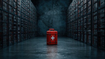 A striking red first aid kit stands alone in a dimly lit data storage space, symbolizing the intersection of health and technology in a modern world.