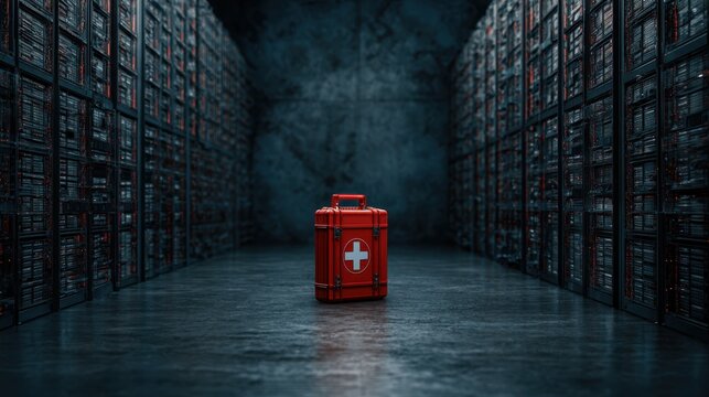 A striking red first aid kit stands alone in a dimly lit data storage space, symbolizing the intersection of health and technology in a modern world.