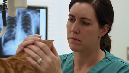 Concerned Veterinarian Examines Ginger Tabby Cat Under Clinic Lights with an X Ray in the Background