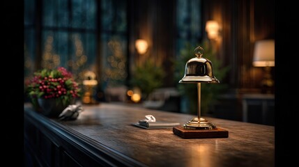 A beautifully polished service bell sits atop a wooden counter, surrounded by soft lighting and decorative plants, inviting guests into a warm and inviting atmosphere.