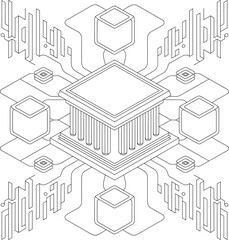 Abstract Isometric Cube Network: Modern Minimalist Line Art Design, technology