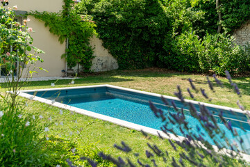 Vue panoramique d'une piscine moderne entourée de pelouse verdoyante, réalisée par une entreprise spécialisée dans l'aménagement extérieur.
