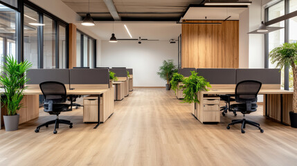 Modern co working space with open seating, clean lighting, and greenery creates productive