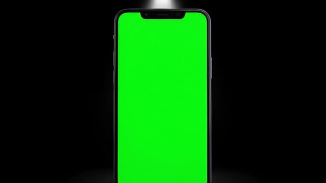 Dramatic Reveal of a Smartphone with a Green Screen, Illuminated by a Spotlight in a Dark Space, Ideal for a Tech Product Launch or App Commercial.