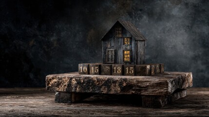 A captivating wooden house model rests on a rustic wooden base, illuminated from within.