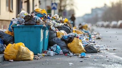 Overflowing garbage bins and bags piling up on city street