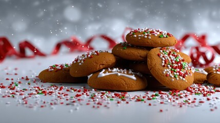 A colorful arrangement of festive gingerbread cookies, adorned with sprinkles and icing, set against a snowy backdrop creating a warm holiday atmosphere.