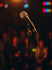 Obraz premium Close-up of microphone on stage with blurred audience in background. 