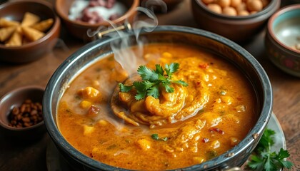 Steaming bowl of haleem, traditional Ramadan stew, served with garnish,   dinner,  slow cooked