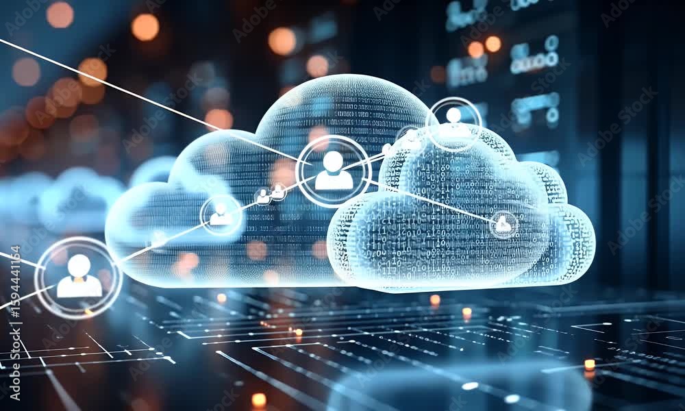 Wall mural a digital artwork depicting cloud computing technology with glowing clouds and devices connected to 