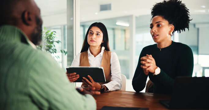 Hiring, job interview and business people in office, tablet and conversation with opportunity. Employees, human resource management and candidate in workplace, tech and onboarding with discussion