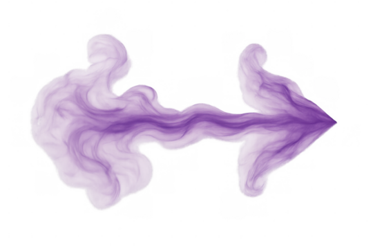 Purple smoke curving rightward, creating sharp arrow-like shape against transparent backdrop, signaling visual direction with dramatic graphic effect