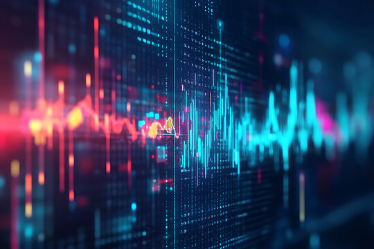 Abstract digital sound wave visualization with glowing neon lights and data streams