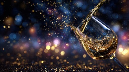 Experience the magic of golden liquid as it splashes into a glass, capturing joy and elegance in every droplet amidst a vibrant, festive background.