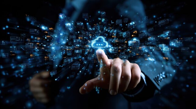 A digital representation of cloud computing, showcasing data transfer, innovation, and technology interconnected through a fingertip touch.