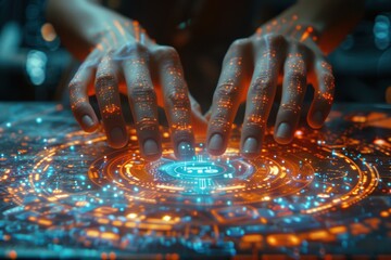Futuristic interface glowing with digital energy technology hands