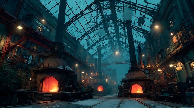 Steampunk Foundry: A mesmerizing glimpse inside a steampunk-inspired foundry, with towering furnaces ablaze against a backdrop of industrial architecture, offering a visual feast of heat, light.
