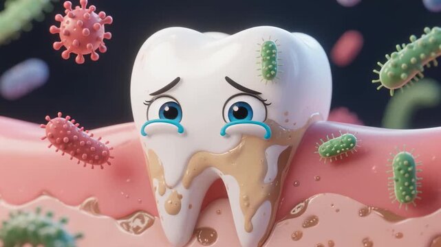 Sad tooth with crying eyes surrounded by cartoon-like germs and bacter