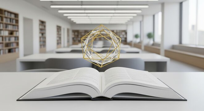 A glowing golden geometric shape hovers above an open book in a modern, minimalist library, symbolizing abstract knowledge and intellectual exploration.