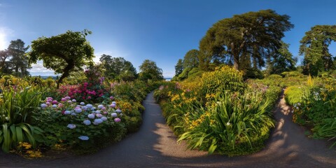 Fototapeta premium Vibrant garden panorama nature landscape 360 degrees hdr imagery serene environment