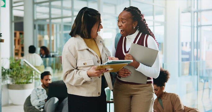 Excited friends, university students and surprise with tablet for test results or scholarship offer. Shock, tech and women together in college for exam pass, best grades or wow for education news