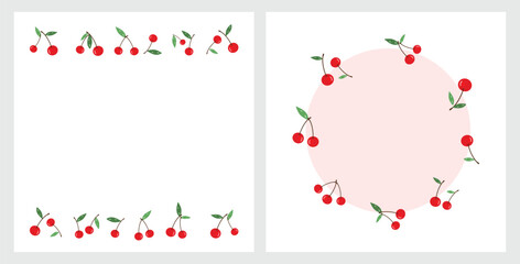 Set of cherry fruit with green leaves isolated on white background vector. Cherry card.