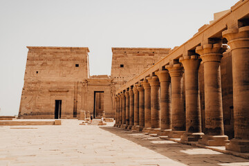 Pillars and Reliefs Inside Philae Temple in Luxor, Egypt
