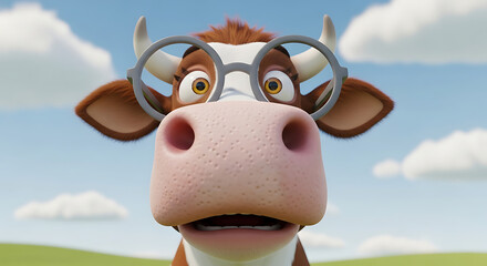A cute and funny 3D rendered cow character with big, broken glasses, looking surprised. Perfect for educational, business, or humor concepts.