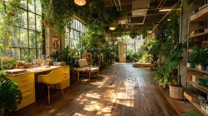 Fototapeta premium Greenhouse-inspired co-working space urban environment photography nature and business integration