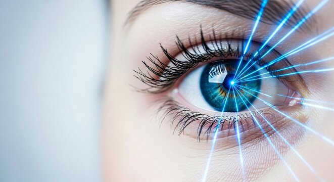 Close up of a woman’s eye with a blue light beam for vision correction and futuristic medical procedure concept.