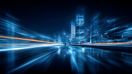 3D Rendering of warp speed in hyper loop with blur light from buildings' lights in mega city at night. Concept of next generation technology, fin tech, big data, 5g fast network, machine learning