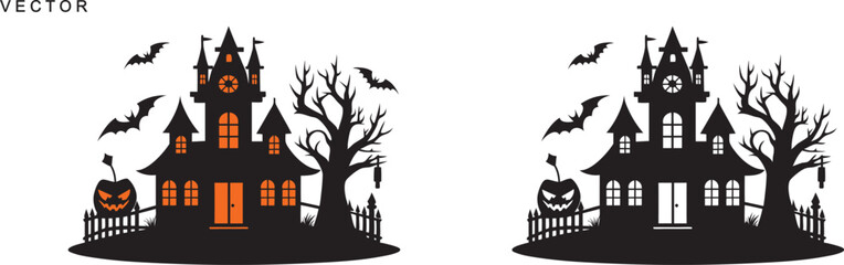 Haunted halloween house at glowing moon and dead trees, bats silhouette vector illustration