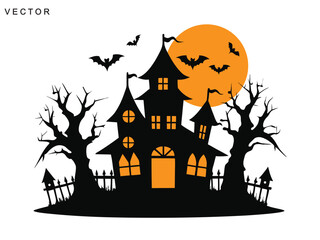 Haunted halloween house at glowing moon and dead trees, bats silhouette vector illustration