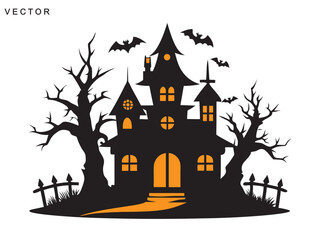 Haunted halloween house at glowing moon and dead trees, bats silhouette vector illustration