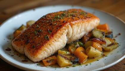 Seared Salmon with Roasted Vegetables on Plate