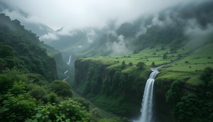 Misty Waterfall Cascading Down a Lush Green Valley