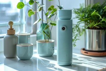 Obraz premium Sleek teal hydration tracker bottle with decorative cups and plants image